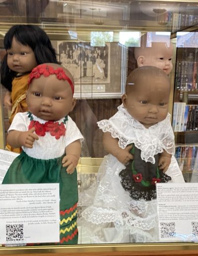 Display case showing dolls wearing different traditional clothing