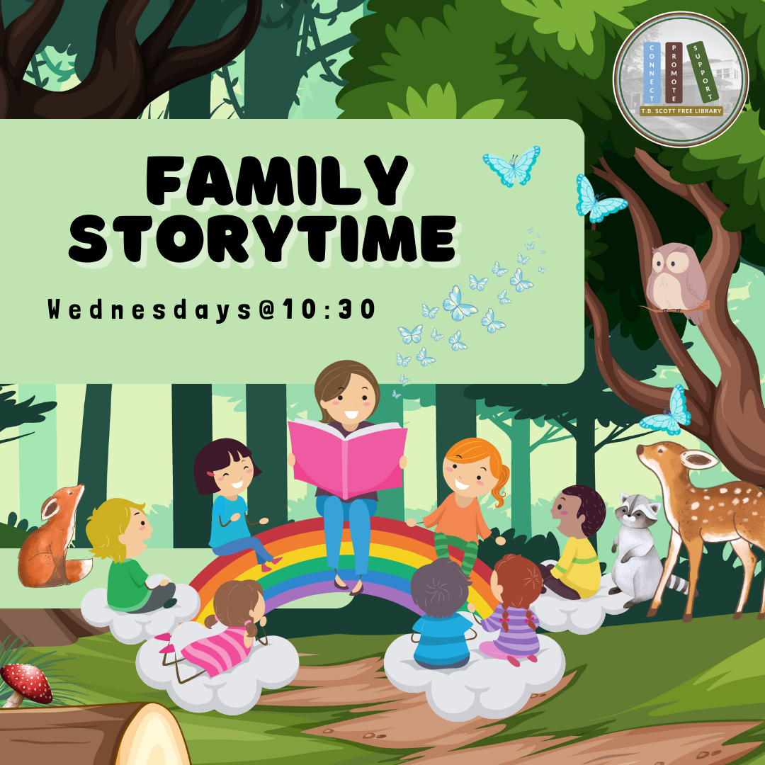 Colorful poster depicting children and animals enjoying Storytime, highlighting the joy of reading in a family setting.