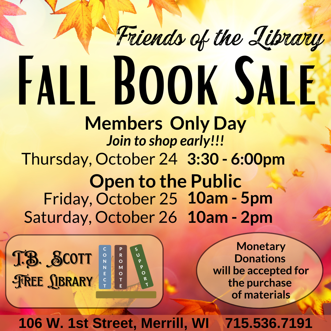 Promotional image for the Friends of the Library fall book sale, highlighting member-only day and public sale dates with donation details.