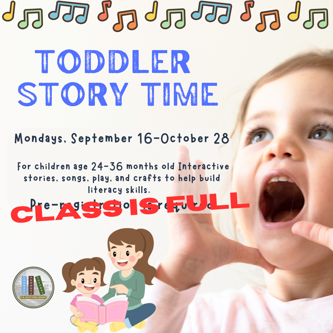 Flyer promoting toddler story time, featuring colorful illustrations and inviting details for parents and caregivers. It also shows that the class is currently FULL