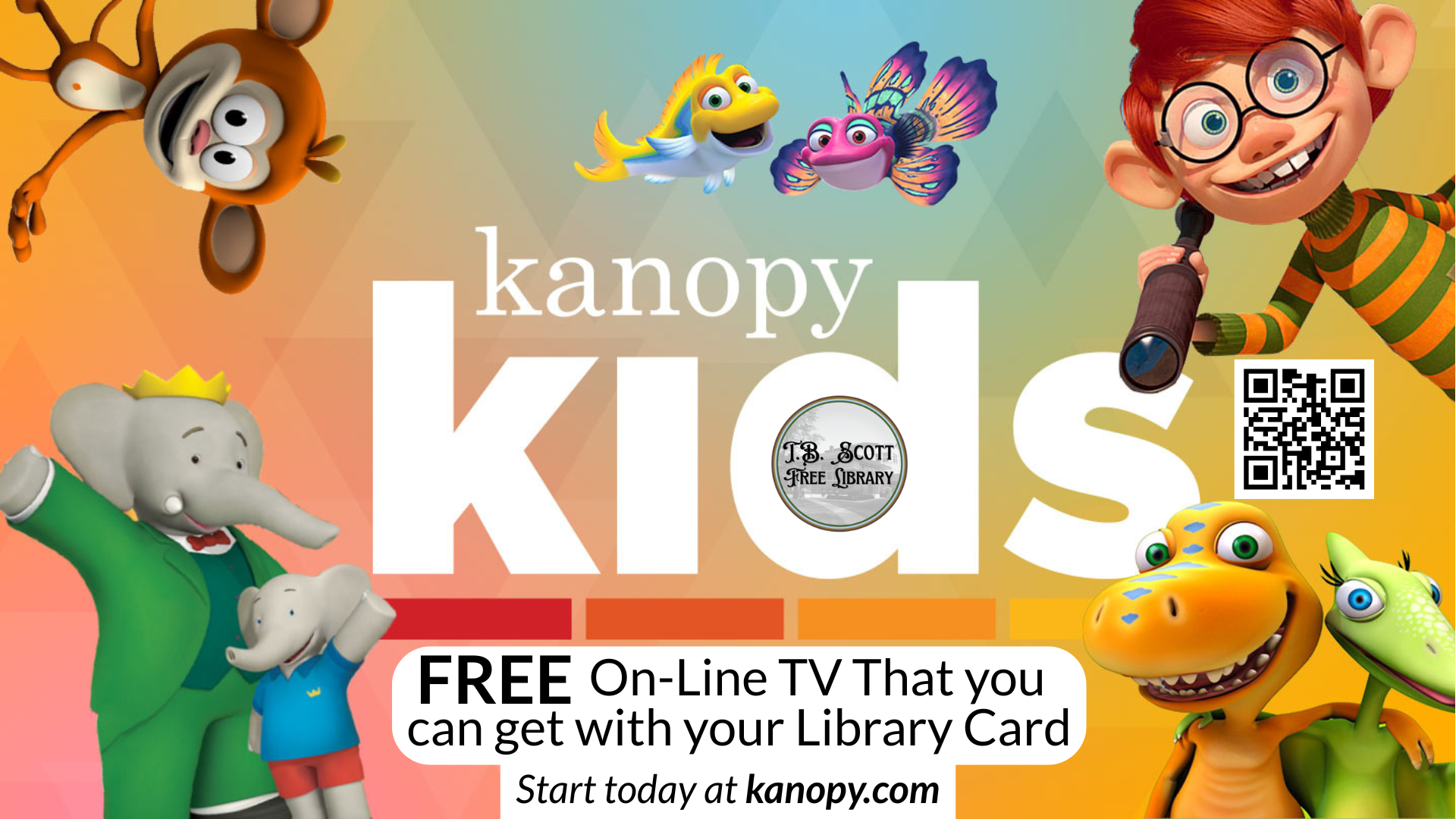 Colorful poster for "kanopy kids" with cartoon animals and characters.