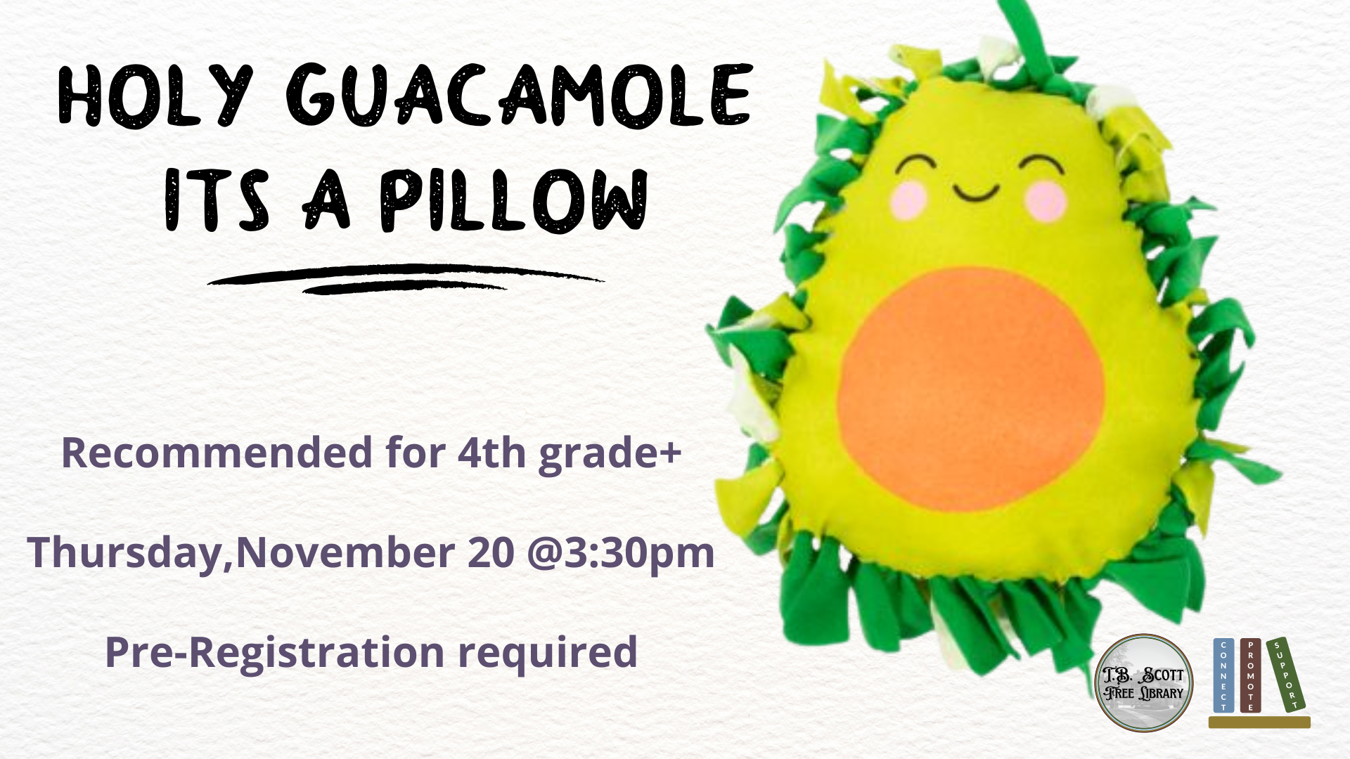 Promotional poster for a library event featuring an avocado-shaped pillow and event details.