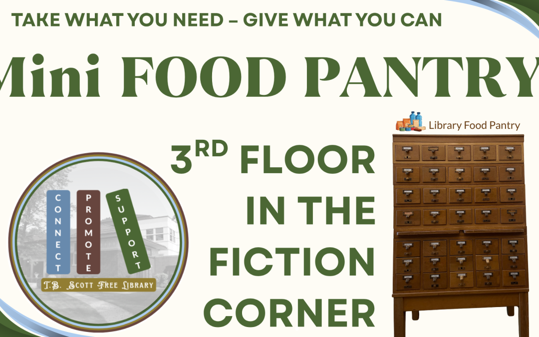 Library's Mini Food Pantry announcement featuring a card catalog cabinet and library logo.