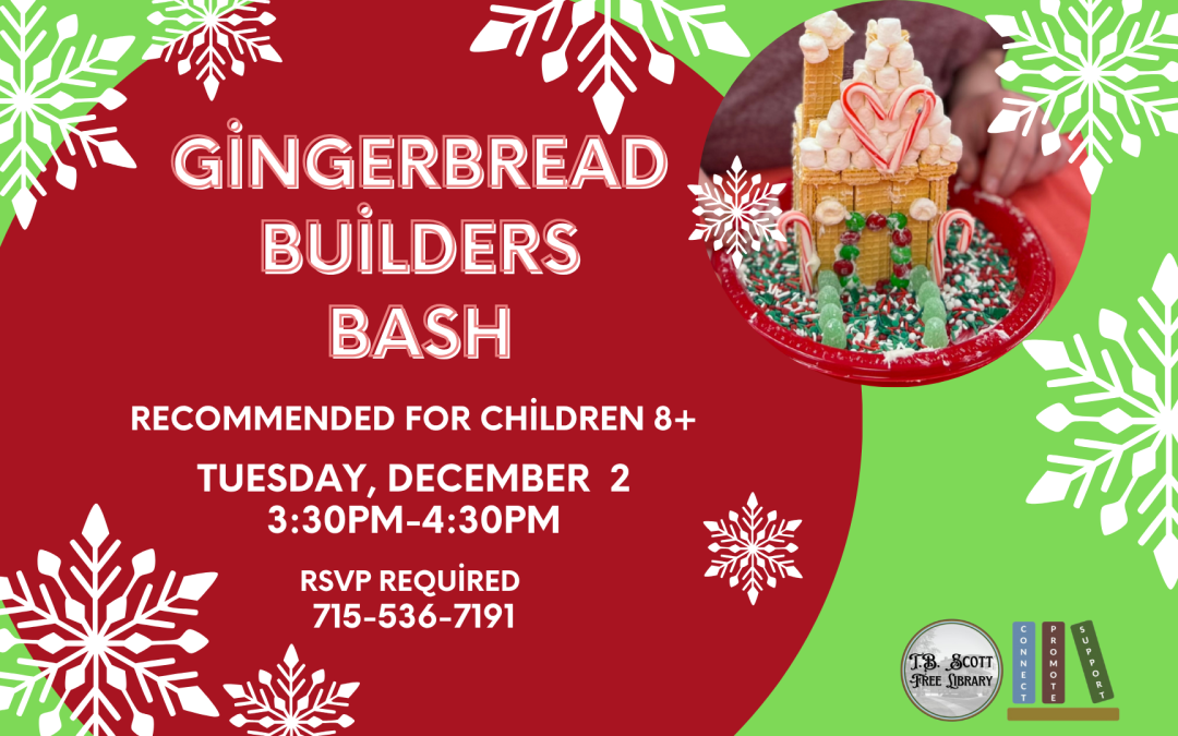 Festive flyer for a "Gingerbread Builders Bash" with a gingerbread house and event details.