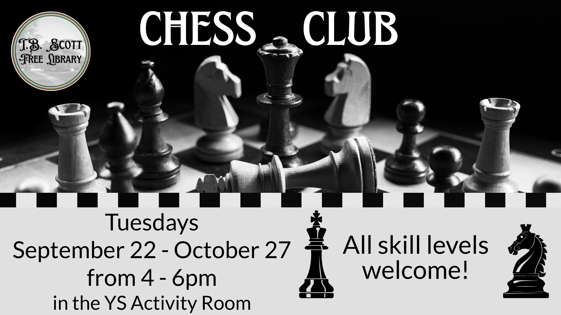 Monochrome image advertising a chess club with chess pieces and meeting details.