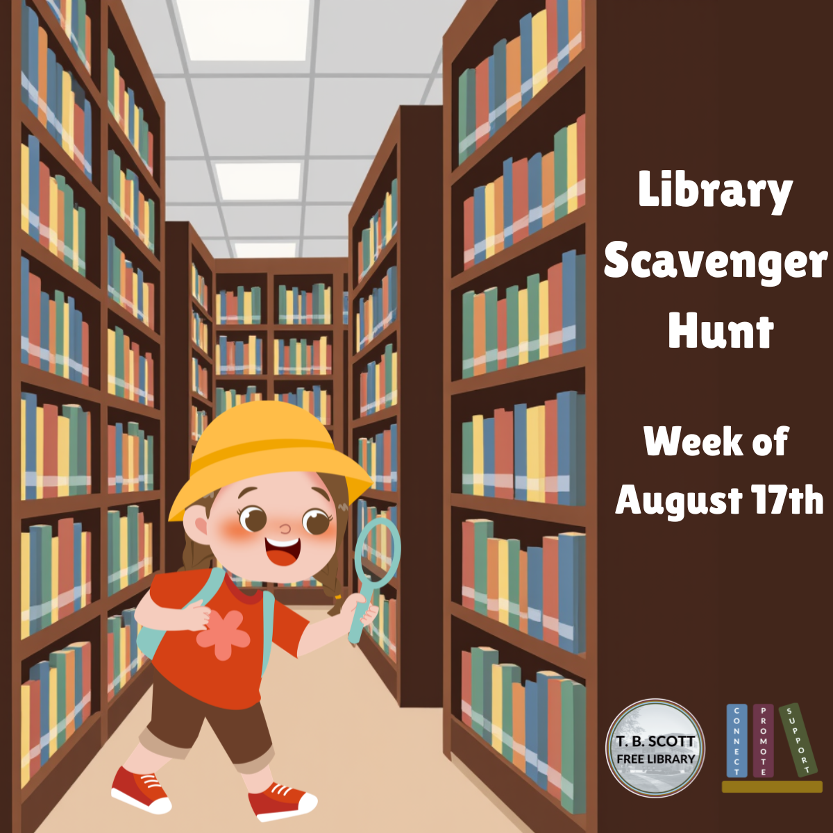 A cheerful child with a yellow hat explores a library holding a magnifying glass, surrounded by colorful bookshelves. Text overlay promotes a Library Scavenger Hunt for the week of August 17th.